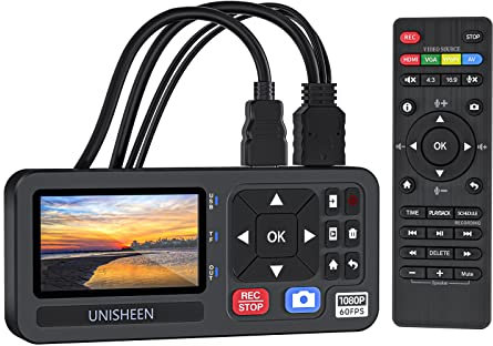 UNISHEEN HD Video Capture Box 1080P 60FPS Video to Digital Converter with 3 Screen, 4K HDMI/CVBS/VGA/YPBPR Inputs Video Recorder Capture from VCR, DVD, VHS Tapes, Hi8, Camcorders, Gaming Systems