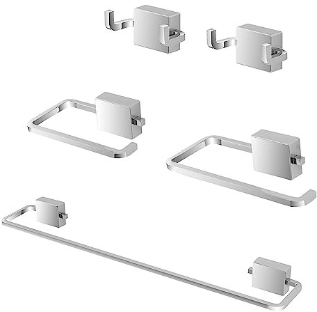 Set Accessori da Bagno 5 Pezzi in Acciaio Cromato con Doppio Fissaggio a Muro, tasselli e Biadesivo Inclusi