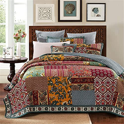 Vintage-Patchwork-Tagesdecke, Steppdecke, Einzelbett, Doppelbett, gesteppt, 100 % Baumwolle, Blumenmuster, dekorative Bettdecke mit 2 Kissenbezügen, Bettwäsche-Überwurf-Set, 218 x 228 cm (218 x 228