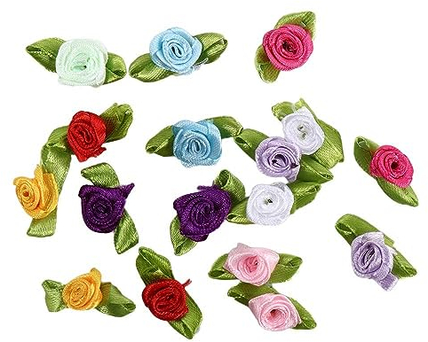 Kopida 100 Stück Mini-Band-Rosen zum Basteln, künstliche Stoffblumen mit grünen Blättern, Rosetten, kleine Blumenbänder zum Nähen, Basteln, Hochzeit, Festival, Dekoration