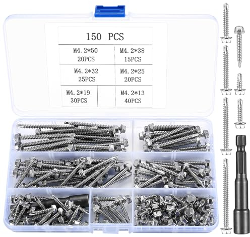 Set di 150 Viti Auto-foranti esagonalis, M4.2 Viti per Lamiera in Acciaio Inox, Set di Viti Auto-trapananti, per acciaio, Legno, con inserto esagonale utensile (M4.2(150pezzi))