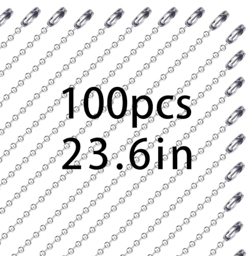 100 pcs Dog Tag Chain Ball Chain Necklace Bulk,military dog tag chain for Men dog tag chains ，beaded chain necklace chains for jewelry making，Silver Nickel Plated Metal 23.6 Long 2.4mm Ball and Chain