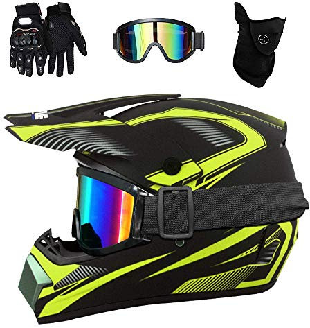 Dual Sport Full Face MTB Motocross Helmet Set, with Goggles Gloves Mask, Youth Kids Off Road ATV Motorbike Crash Helmet, Downhill BMX Enduro Quad Dirt Bike Helmet for Boy Girl ( Color : Yellow , Size