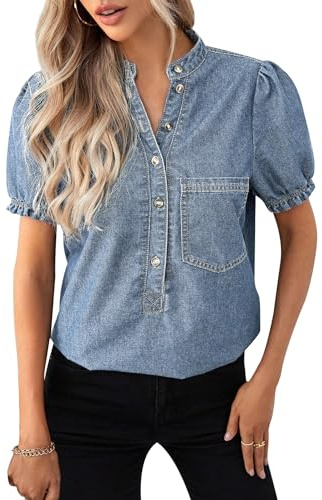 Womens Denim Shirts Button Down Short Puff Sleeve Lightweight Jeans Shirts Business Casual Tops with Pocket