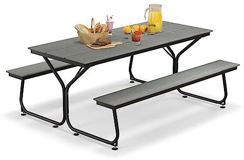 GOPLUS Ensemble Banc et Table de Pique-Nique pour 6 à 8 Personnes, 183CM Table Chaise Camping Exterieur en Métal avec Plateau en HDPE,Trou pour Parasol, pour Terrasse &Jardin, Charge 500KG (Gris)