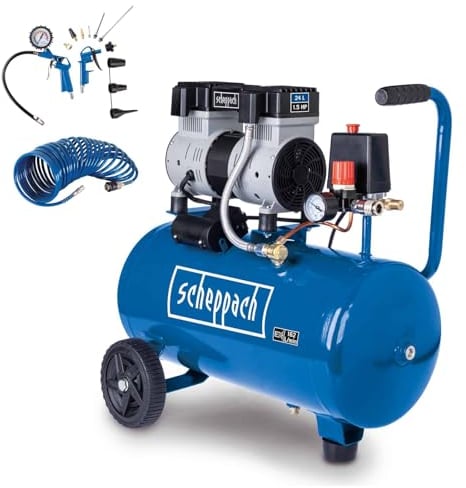 Scheppach Compresseur d'air silencieux HC26Si avec 13 accessoires - Cuve 24 l - 1100 W - 8 bar - 66 dB (A) - Sans huile - Puissance d'aspiration 162 l/min - Compresseur à double cylindre