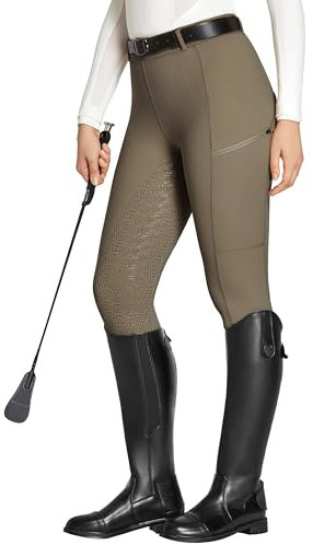 FitsT4 Sports Reitleggings Damen Reithose Mädchen Silikon vollbesatz mit Handytasche und Gürtelschlaufen für Reitsport Pferdetraining,Dunkelbraun,M