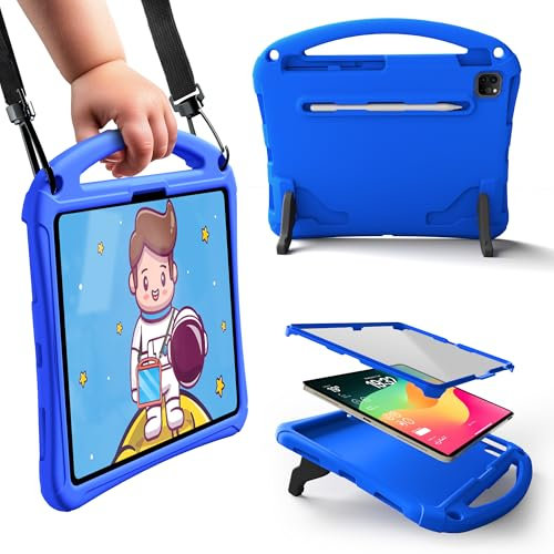Bam Bino Space Suit Coque Rugged pour iPad Pro 13 M4, iPad Air 13 M2/M3 (2024/2025) Coque pour Enfants avec Protecteur d'Écran Intégré, Poignée, Support, Porte-Peutre, Bandoulière (Bleu)