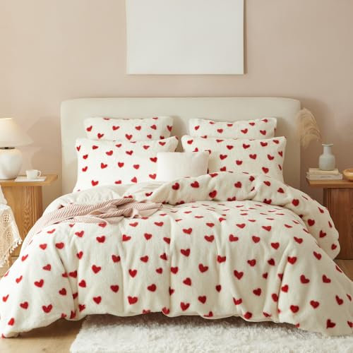 Nyescasa Plüsch Bettwäsche 135x200 Rot Herzen Warme Winter Flauschig Flanell Biber Wendebettwäsche Langhaar Deckenbezug Fleece Cashmere Touch 2 Bettbezug mit Reißverschluss und 2 Kissenbezug 80x80cm