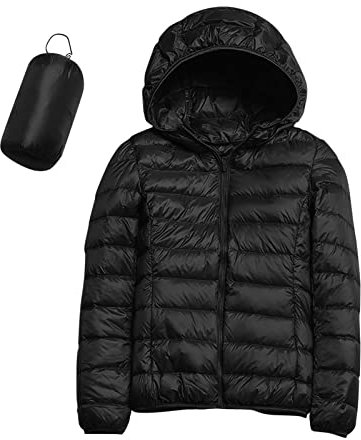 Doudoune d'extérieur pour femme – Doudoune légère avec capuche chaude et compacte – Veste matelassée coupe-vent coupe ajustée – Couleur unie – Manteau chaud et léger avec poche, Noir , M