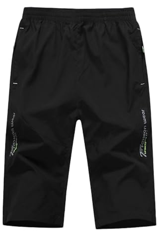 MakingDa 3/4 Length Shorts Men Summer Casual Baggy Lightweight Thin Below Knee Cargo Three Quarter Long Shorts with Zip Pocket Elastic Waist Cropped Trousers-X-Black-M