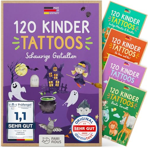 Famifidus 120 hautfreundliche Kindertattoos I I Dermatologisch SEHR GUT I Kindertattoos MADE IN GERMANY I Tattoo Kinder I Unsere Tattoos für Kinder (HALLOWEEN)