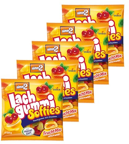 nimm2 Lachgummi Softies FruchtMix – 5 x 225 g – Gefülltes Fruchtgummi mit Fruchtsaft und Vitaminen – Süßigkeit in sechs Geschmacksrichtungen