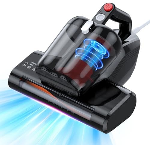 Aspirapolvere per Materassi Battimaterasso con Luce UV-C a 253,7nm 16Kpa Aspirazione Filtro HEPA Riscaldamento Funzione 40000 Rpm/Min Rotazione Aspiratore Antiacaro Rimuove Allergeni 600W con Filo