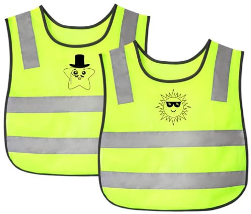 RoxNvm Chaleco Reflectante Niño, 2 Piezas Chalecos Reflectantes de Alta Visibilidad, Amarillo Fluorescente Chaleco de Seguridad para Niños Carrera, Senderismo y Viajes Escolares (Sol)