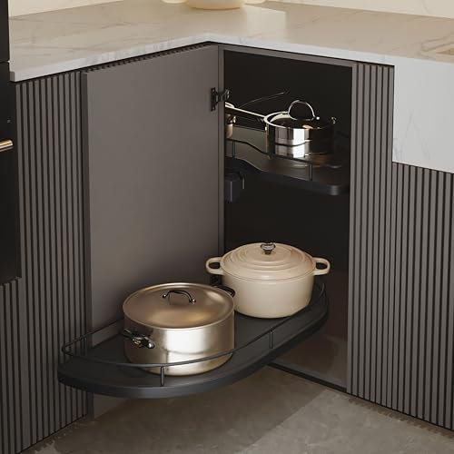 Menage Confort- Bandejas deslizantes para rinconera de Cocina- para Ancho de Puerta 450mm y Mano Izquierda- Acero Antracita/Melamina Antracita