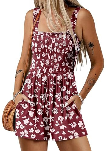 QUNERY Jumpsuit Donna Estiva Salopette Corta Pantaloni Tuta Gamba Allentata Con Tasche Boemia Casual Senza Maniche Salopette con Tasca Rosso L