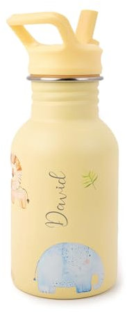 J.Børn Bouteille personnalisée avec paille pour enfants 350 ml | Dessins peints à la main | Bouteille simple en acier inoxydable de qualité alimentaire | Bouteille d'eau légère | Bouteille anti-fuite