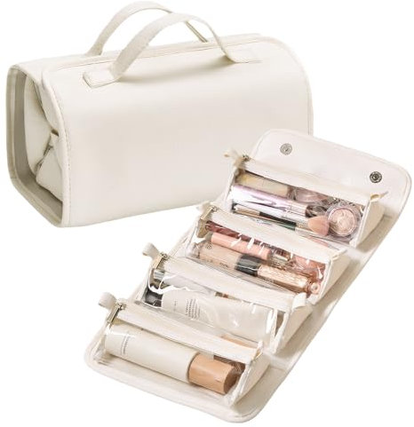 Colexy Trousse de Toilette Voyage 4 en 1, Organisateur de Voyage Imperméable avec 4 Compartiments Détachables, Portable Trousses de Toilette, Pliable Trousse de Maquillage Femme (Blanc nacré)