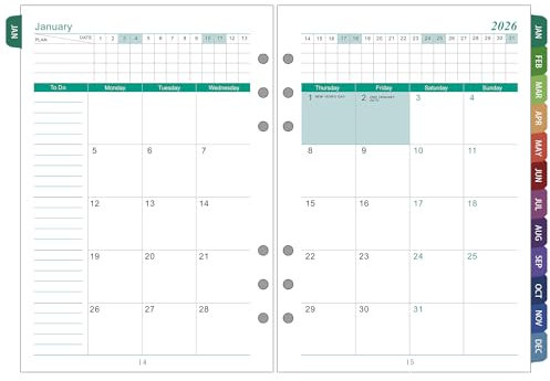 2026 Wochenplaner Einlage A5 6 Löcher, Deutsch, 1 Woche 2 Seiten mit Farbig Tabs, Jan bis Dez 2026, 100 gsm Dicker Papier, Kalendereinlagen für Kalender 2026 Planer