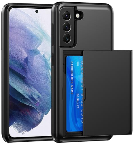 SZSSZSM Brieftasche für Samsung Galaxy S21 hülle mit Kartenhalter, Militärqualität Doppelwandiger Stoßfest mit Kartenfach Schutzhülle für Samsung S21 (6,2''), Schwarz