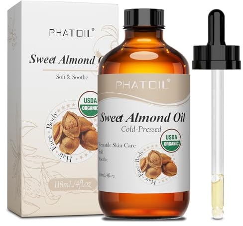 PHATOIL Sweet Almond Oil 118ml, USDA Certified Organic Cold-Pressed Pure | Almond Oil for Face, Skin, Hair and Nails Care, Ideal as Carrier Oil for Essential Oils, Amber Glass Bottle with Dropper