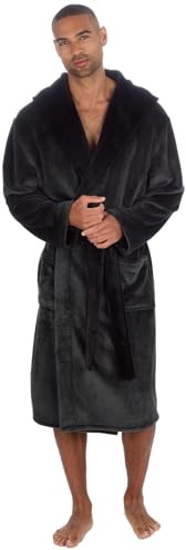 Style It Up Mens Fleece Soft Hooded Dressing Gown Contast Flannel Super Warm Robe Cosy Comfortable Bathrobe Adults Winter Loungewear (CHARCOAL-BLACK, M)
