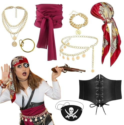 RNPKZ Piratenkostüm Damen Accessoires, 8 PCS Piraten Kostüm Frauen mit Piratens Kopftuch, Augenklappe Pirat, Gürtel, Taillenkette, Armband, Ohrschmuck Halskette, PiratenZubehör für Karneval Halloween