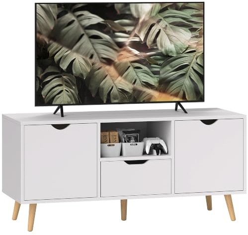HOMCOM Mueble de TV con Cajón 2 Puertas hasta 50 Pulgadas Blanco | Mesa de TV, Largo de 110 cm, 2 Puertas, Estante Abierto, Patas de Madera, Salón, Dormitorio