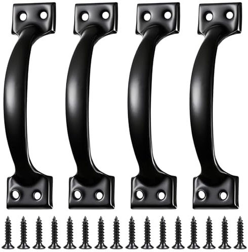 BaBahuanhuan 4 Pcs Black Door Handles, 98mm/3.86 Garden Gate Handles for Wooden Gates Outdoor Pull Handles for Doors Cabinets Furniture Home Garden Shed Door Handle Set, with Screws