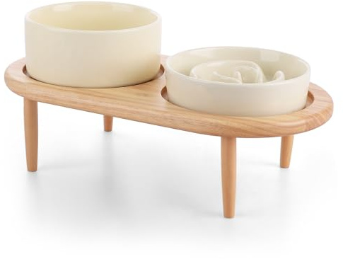 WOPPLXY Raised Dog Bowl with Stand Set, Elevated Slow Feeder Dog Bowls and Ceramic Water Bowl, Raised Cat Bowls Set with Wooden Stand for Small Dogs and Cats, 850ml