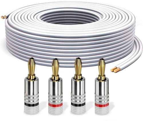 PureLink Câble haut-parleur avec fiches banane, câble audio OFC 2x2,50mm² (0,20mm), 10,0m, 4 fiches, cuivre pur pour enceintes HiFi et caisson de basses, repérage de polarité, blanc