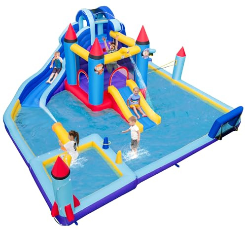GYMAX Kids Bouncy Castle, 10 in 1 Inflatable Water Park with 2 Slides, Jumping Area, Water Cannon, 2 Climbing Walls, Basketball Hoop, Ring-toss, Soccer & Volleyball Gate, Bounce House for Children