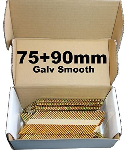 Mixed Pack 500 x 75mm Galv Ring + 500 x 90mm Galv Smooth Framing Nails,Clipped D-Head, for DEWALT 18v Cordless DCN692