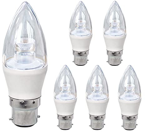 BAOMING Bayonet Light Bulb Candle LED Bulbs B22 40W Equivalent 400LM Cool White 6000k, 5W LED Candelabra Bulbs, AC220-240V, Clear, 6-Pack