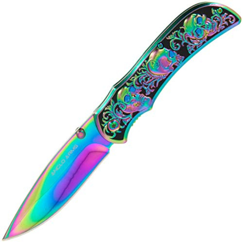 Anglo Arms Lock Knife with Skull Design and Rainbow Finish