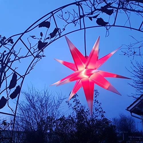Außenstern-65 cm - rot mit weißen Spitzen, wetterfest und frostbeständig. Komplettset incl. Kabel & Leuchtmittel (auswechselbar) Adventsstern Weihnachtsstern 3D Faltstern, kein Trafo nötig (rot/weiß)