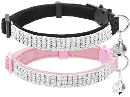 EXPAWLORER Katzenhalsband mit Sicherheitsverschluss, weiches Samtband selbstöffnend mit Glocke und Strass, sicher und verstellbar, idealer Halsband für Katzen & Kleine Hunde, 2 Stück