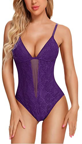 EVELIFE Body Donna Sexy Lingerie Pizzo Teddy Un Pezzo Scollo a V Cavallo a Scatto Biancheria Intima Trasparente(Viola M)