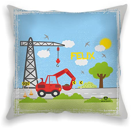 wolga-kreativ personalisiertes Kissen Bagger 40x40 cm – Kuschelkissen mit Namen & süßen Kindermotiven – Geschenk zur Geburt, Taufe & Geburtstag – Namenskissen Bedrucken – Flauschiges Babykissen