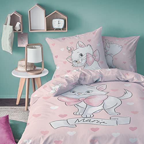 Disney Les Aristochats Love Parure de Lit Enfant 1 Personne | 100% Coton | Oeko-TEX | Housse de Couette 140x200 cm + 1 Taie d'oreiller 63x63 cm | Imprimés Réversible Fille | Rose