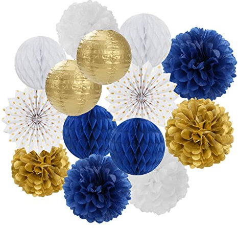 Navy-Blue White Gold Party Decorations - 14pcs Kits Paper Lanterns Fan,Tissue Flower Pom Poms Streamers,Honeycomb Balls,Graduation 2024 Men Birthday Wedding Baby Bridal Shower Decor Lasting Surprise