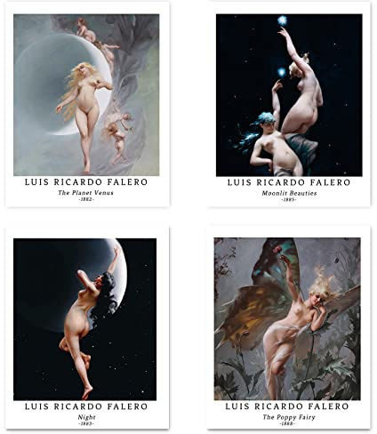 Kunstdruck Ungerahmt Klassische Mythologie Historisch Bilder Set von 4, Poster Größe: 20x25 cm Premium Kunstpapier Wanddeko Ästhetisches Frauenporträt Passenden Home Deko Luis Ricardo Falero Print