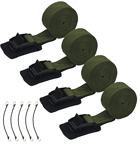 4 Stück Spanngurte 2,5cmx2,5m, Zurrgurte mit Klemmschloss Polsterung, 250Kg Belastbarkeit Befestigungsgurt Set inkl. fünf Spanngummis für Fahrradträger Motorrad Auto (Grün, 2,5cmx2,5m)