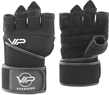 VIP Elevo Herren Damen Leder-Handschuhe, atmungsaktiv, Gewichtheben, Training, Handgelenkstütze, gepolstert, extra griffig, Handflächenschutz, Fitness, Workout, Größe S, Schwarz