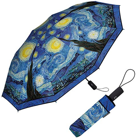 RainCaper Winddicht, automatisches Öffnen/Schließen, 109,2 cm Abdeckung, faltbarer Reise-Regenschirm, Fine Art van Gogh Sternennacht, verstärkter Rippen-Regenschirm mit passender Hülle