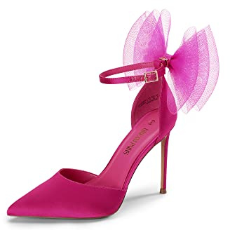 DREAM PAIRS D'Orsay Chaussures à talons hauts à lanières et bout pointu pour femme avec nœud en maille et sangle de cheville, rose vif, 37.5 EU