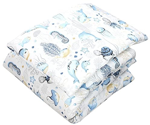 TupTam Kinder Gemusterte Bettdecken Set Ganzjahresdecke Bettdecke Kopfkissen Flachkissen 2tlg., Farbe: Meerestiere Blau, Größe: 135x100 cm