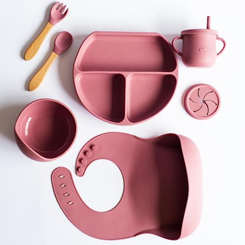 coffret repas bebe, assiette compartiment ventouse pour bébé, bavoirs bebe silicone, cuillere et fourchette bebe 1er age, couvert bebe, cadeau naissance garcon fille (Rose)