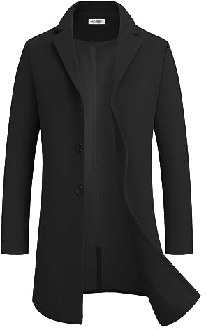 COOFANDY Mens Wool Blend Coat Winter Trench Coats Notched Lapel Collar Single Breasted Overcoat Classic Peacoat With Pockets, Black, XL
